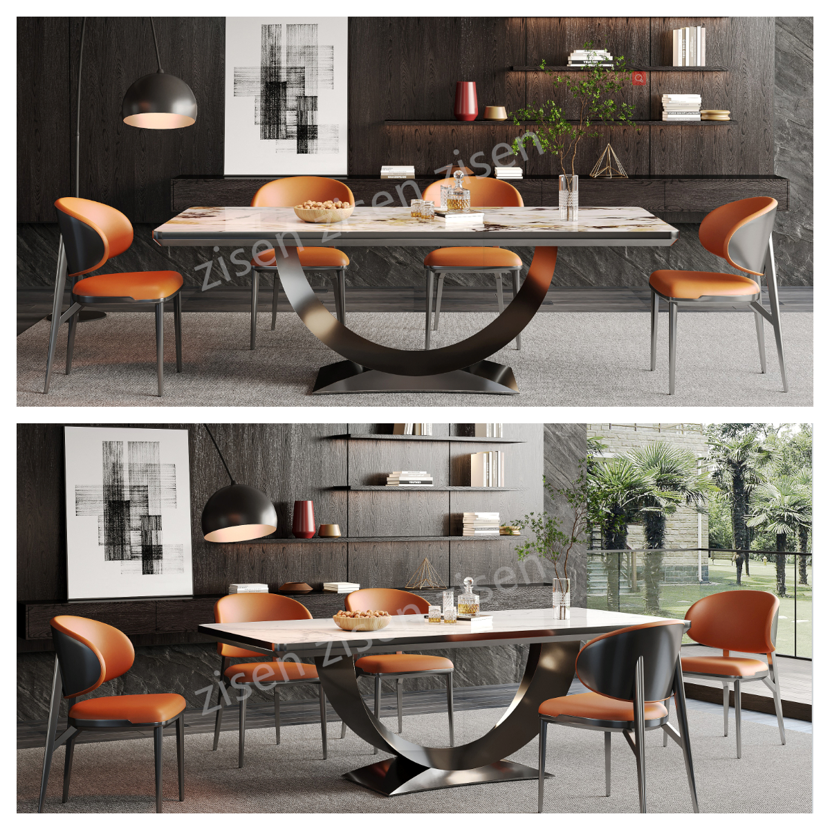 Stylish Frame Insert Marble Metal Dining Table Modern Ceramic