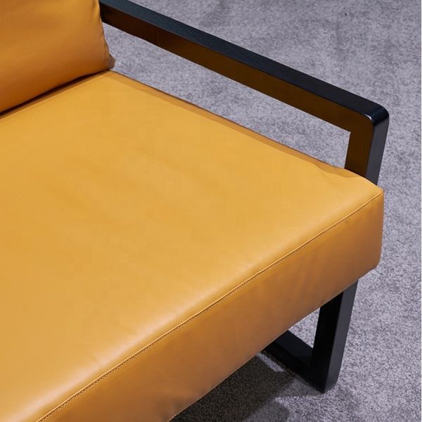 ODM Yellow Leather Leisure Chairs With Wood Arms Wooden Base