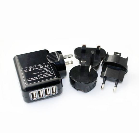 5V 4A 4USB wall mount charger travel charger with US UK AU EU changeable plugs for traveling