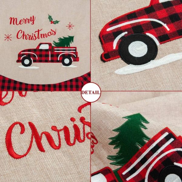Christmas Tree Skirt Burlap 32 Inches Tree Skirt with Red and Black Plaid Border Trim for Holiday Decorations