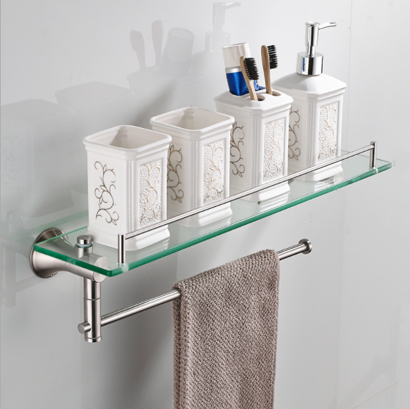 Single Layer Bathroom Towel Rack Rectangular Glass Shelf With Towel Bar Shower