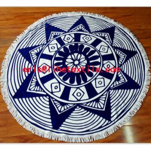 Quality round beach towel with tassel ,reactive printed , velour , for sale