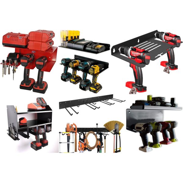 Wall Mount Garage Storage Rack Non-folding Drill Holder with Magnet Bar Organization Bin