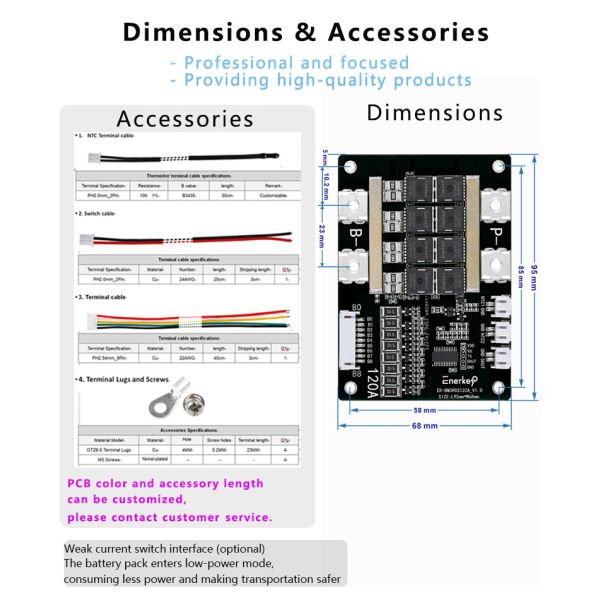 Enerkey 5S 120A 300A Peak Current LiFePO4/Li-ion/LTO BMS for Robotics & E-Bikes & AGVs with NTC Temperature Control‌