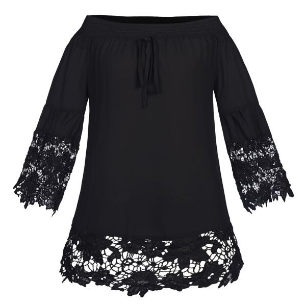 sexy flounce off shoulder lace trim chiffon ladies' black and white tops wholesale women blouse with elastic band
