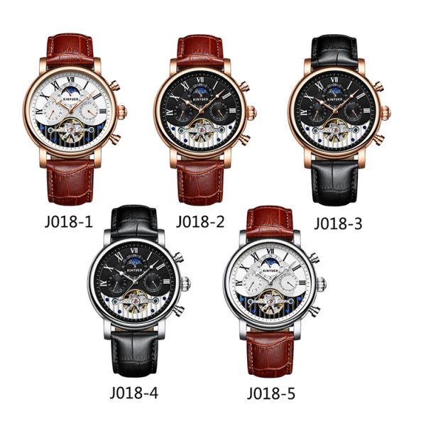 KINYUED New Silver Case Moon Phase Clock Movement Genuine Crocodile Watch Strap Water Resistant Watch