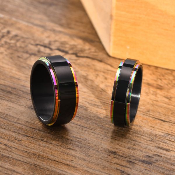 Black Rainbow Stainless Steel Worry Stress Relieve Ring Band Set With Channel Setting