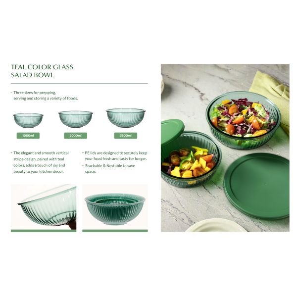 Teal Color High Borosilicate Glass Salad Bowl and Casserole Dishwasher Safe for Food Storage and Serving