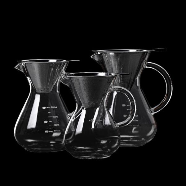 B2B Custom 400ml Glass Pour Over Coffee Brewer|Stainless Steel Filter&Wood Sleeve|Camping Brewing Pot