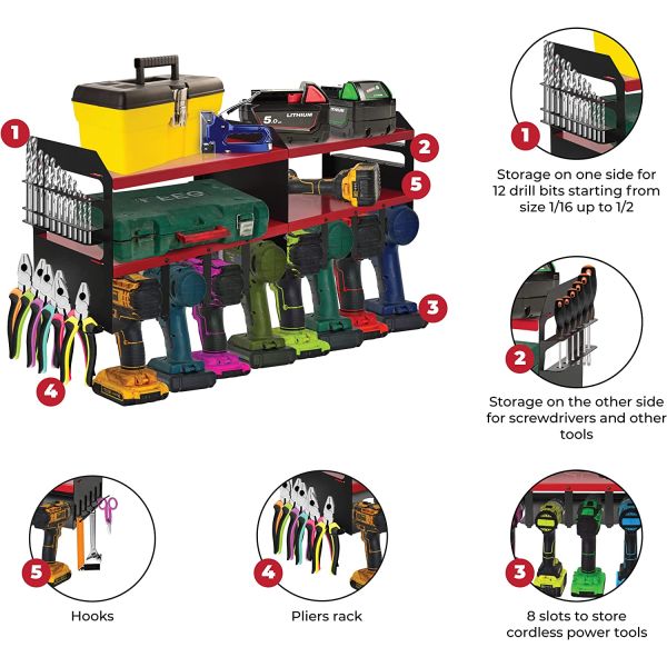 Wall Mount Garage Storage Rack Non-folding Drill Holder with Magnet Bar Organization Bin