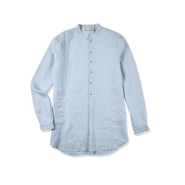 Men'S 100% Linen White Mandarin Collar Henley Shirt Long Sleeve