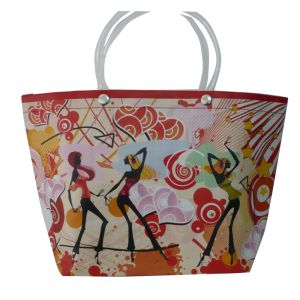 Quality Reusable Orange PP Woven Shopping Bags With Transparent PVC Handle, Danceing Girls Pattern for sale