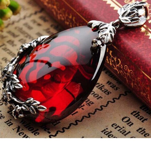 Vintage Jewelry 925 Silver Marcasite Drop Created Garnet Pendant Necklace 18 Inches(LN001RED)