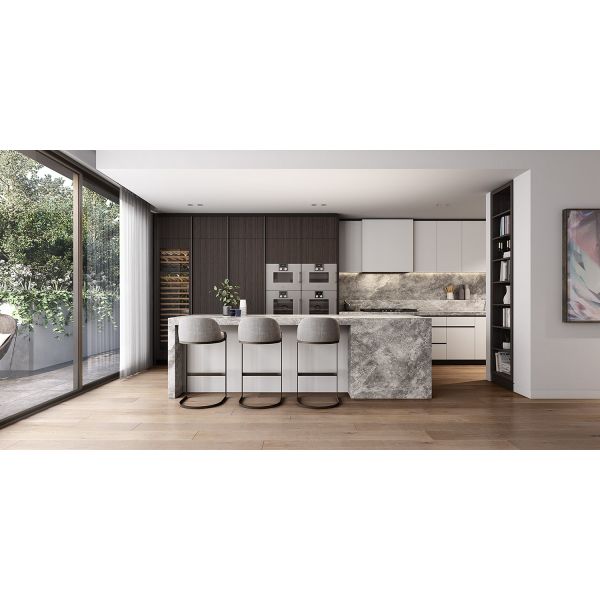 Close-up of shaker style cabinet doors with melamine finish