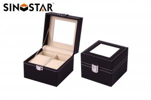 Quality Mens Black Leather Double Watch Box Display Glass Top Jewelry Case Organizer for sale