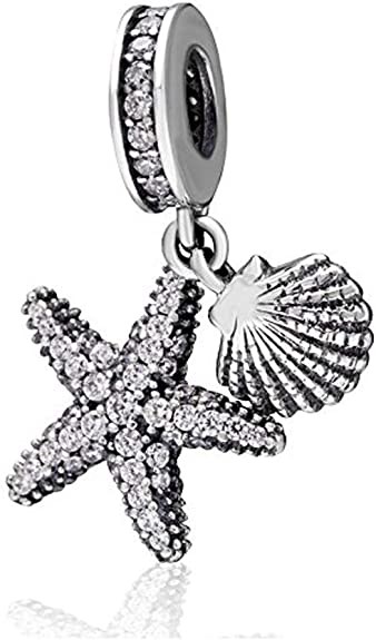 Tropical Starfish & Sea Shell Hanging Charm - 925 Sterling Silver Beads - European Style Bead Charm Bracelet