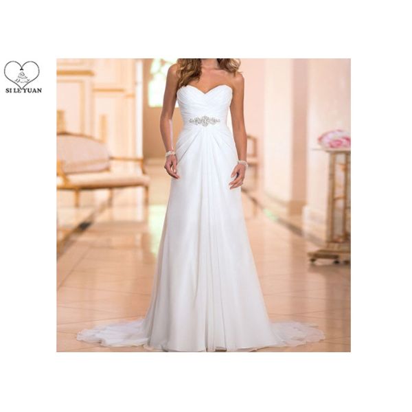 Off White Strapless Chiffon Bridal Gowns Pleating Beaded Belt Back Bandage