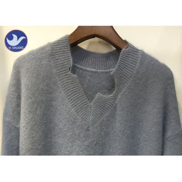 Fashion Ladies Long Jumpers Slit Neck And Bottom / Autumn Womens Knitwear