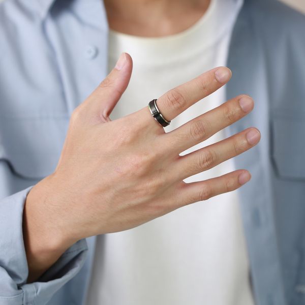 Black Rainbow Stainless Steel Worry Stress Relieve Ring Band Set With Channel Setting