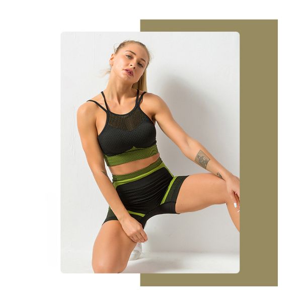 S M L Gym Shorts And Sports Bra Set Sexy Strappy Seamless Set Sexy Mesh