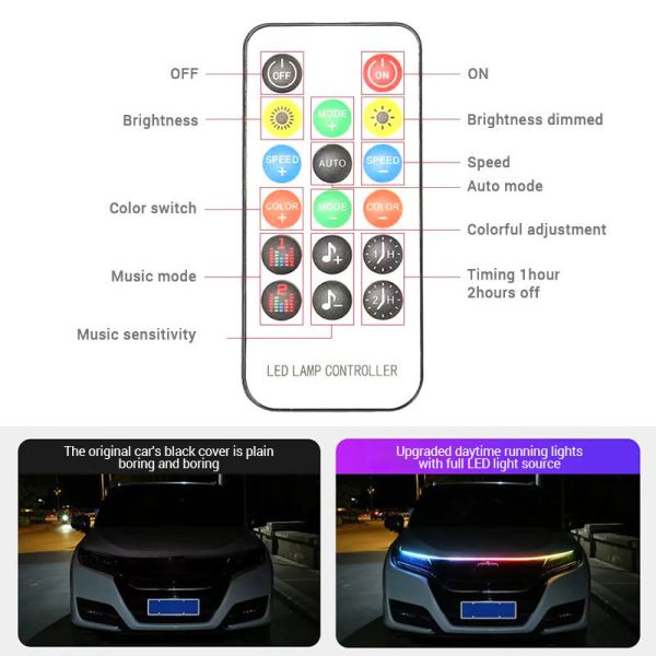 Flexible 12V Led Car Hood Lights Strip Auto Engine Cover Atmosphere Daytime Running Light