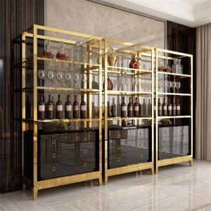 Quality Kitchen Golden Stainless Steel Wine Cabinet Display Shelving Customized for sale