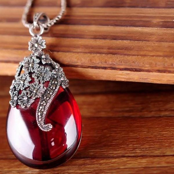 Thai 925 Silver Pendant Necklace with Red Agate Marcasite(JX467RED)