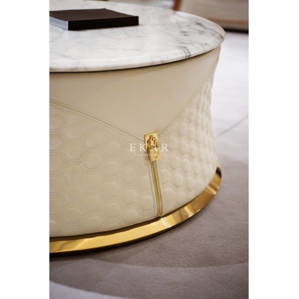 Black And White Leather Marble Top Round Coffee Table W002H2